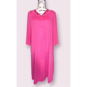 Vtg Shadowline Rose Embroidered Robe Size SM Pink Button Front Nylon Peignoir